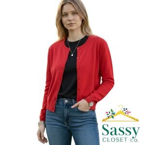 LOFT Petite Red Pima Cotton Cardigan Button Front Sweater Size PM EUC